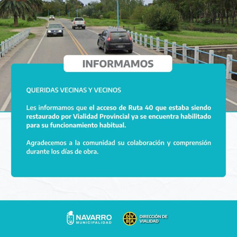 El Municipio informó que ya se encuentra habilitado el acceso de ruta 40