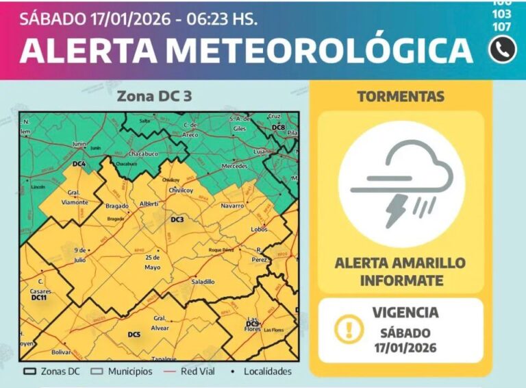 Alerta amarillo por tormentas para la tarde-noche de este sábado